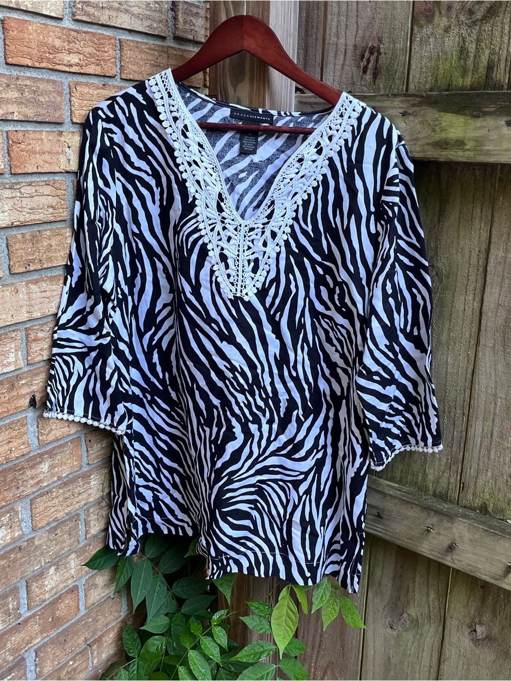 Grace Elements Black and White Zebra Print Tunic with Crochet V-Neck Linen Blend